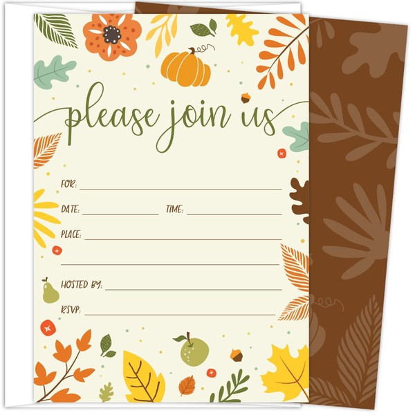 Koko Paper Co Fall Invitations in Autumn Colors with Pumpkin, Fruits and Florals. 25 Fill In Style Cards and Envelopes for Thanksgiving, Harvest Party, Birthday, Engagement, Bridal and Baby Shower, or