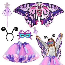 Children's Butterfly Costume with Colourful Wings, Mask, Tulle Skirt, Headband and Magic Wand, Carnival Cosplay Costume, Pack of 5