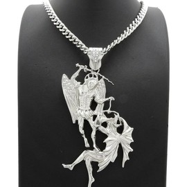 SAINT MICHAEL ARCHANGEL PENDANT 6mm 24" 30" 36" CUBAN LINK CHAIN HIP HOP NECKLACE - Color: SILVER, Chain Size: 36"