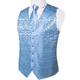 DiBanGu Mens Vest and Tie Set Formal Paisley Waistcoat and Necktie Pocket Square Cufflinks Silk Suit Vest for Tuxedo Wedding, Sky Blue, XX-Large