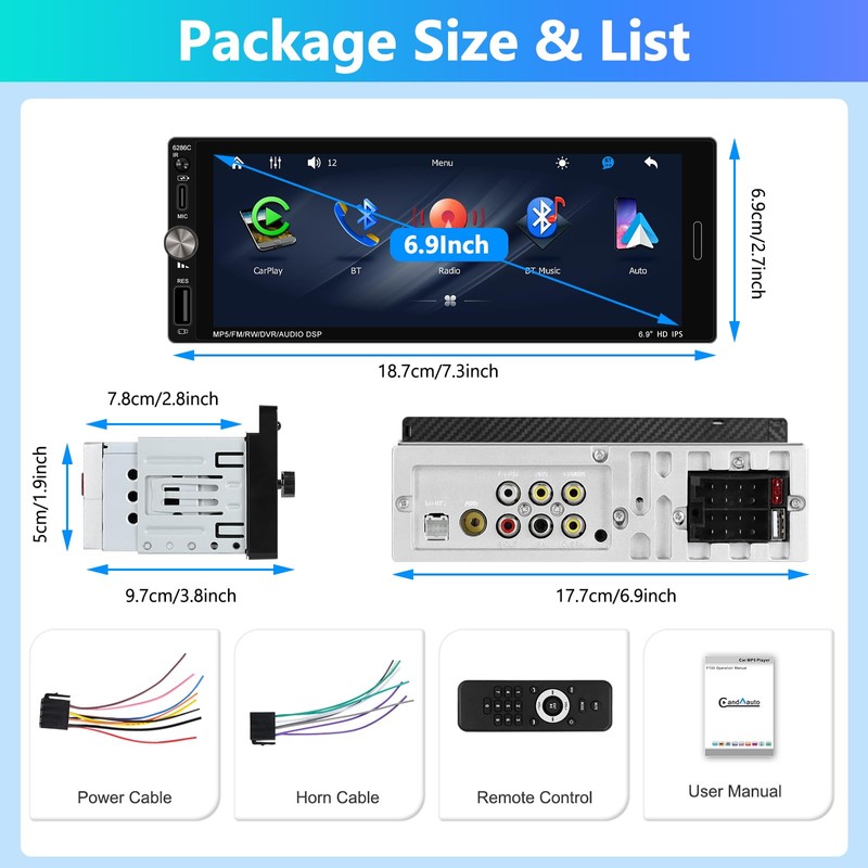 Motorsi Single Din Car Stereo with Wireless Apple Carplay, 6.9