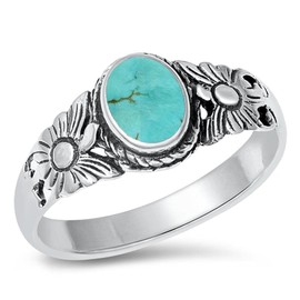 Flower Simulated Turquoise Fashion Bali Ring New .925 Sterling Silver Band Size 10