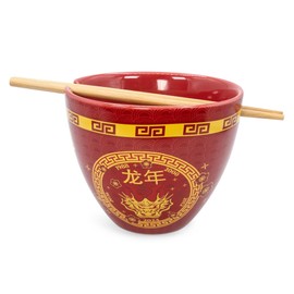 Year of The Dragon Chinese Zodiac Ceramic Dinnerware Set | Includes 16-Ounce Ramen Noodle Bowl and Wooden Chopsticks | Asian Food Dish Set for Home & Kitchen | Kawaii Lunar New Year Gifts