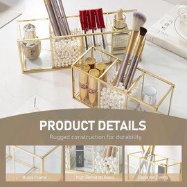 SLHEQING Makeup Brush Holder 3-Compartment Glass and Brass Cosmetic Storage Organizer Makeup Storage for Brushes, Eyeliner, Pen , Lipstick and More