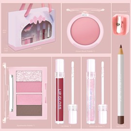 Wugbc Makeup Kit: Brown Lip Liner and Gloss Set Pink Eyeshadow Palette Cream Face Blush Shimmer Liquid Lipstick Matte Glitter Eyes Shadow Eyeliner Pencil Travel Make Up Present For Women