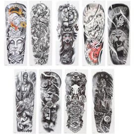 Etiqueta Engomada del Tatuaje de los Hombres, 9pcs Etiqueta Engomada del Tatuaje Temporal del Cuerpo Negro Grande Brazo Completo Tigre León Guerrero Pegatinas de Tatuajes Temporales Falsos Pegatinas D