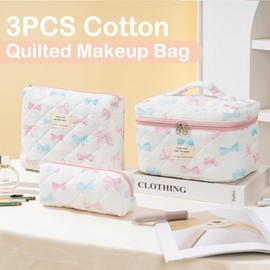 UYUUY Makeup Bag for Women 3PCS Quilted Cotton Make Up Bag Travel Cosmetic Bag Large Makeup Bag Set Cute Bow Makeup Bag Organizer Floral Toiletry Bag Makeup Pouch for Purse, Bow F