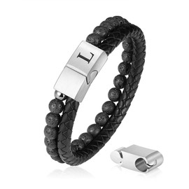 Leather Bead Bracelets for Men, Lava Rock Stone Mens Beaded Bracelets Initial Bracelet Black Mens Leather Bracelet Anxiety Bracelets Healing Mens Bracelets Gifts for Men Inspirational Gifts (L)