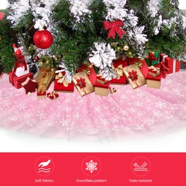 Christmas Wedding Tree Skirt, 4 Layer Snowflake Tulle Tree Decoration for Party Indoor, Fluffy Tree Cover Mat Ornament for Holiday, Pink
