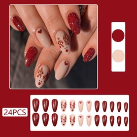 Christmas Red Press on Nails Medium Almond Fake Nails Red Glitter False Nails Stick on Nail with Cute Elk Designs Xmas Acrylic Full Cover Reusable Artificial Nail for Women Girls 24Pcs