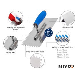 Mivos Toothed Smoothing Trowel 10 x 10 mm with Soft Grip - Stainless Steel Toothed Trowel 270 x 130 mm - Eaves with Teeth 10 mm - Rustproof Serrated Smoothing Trowel - Made in EU