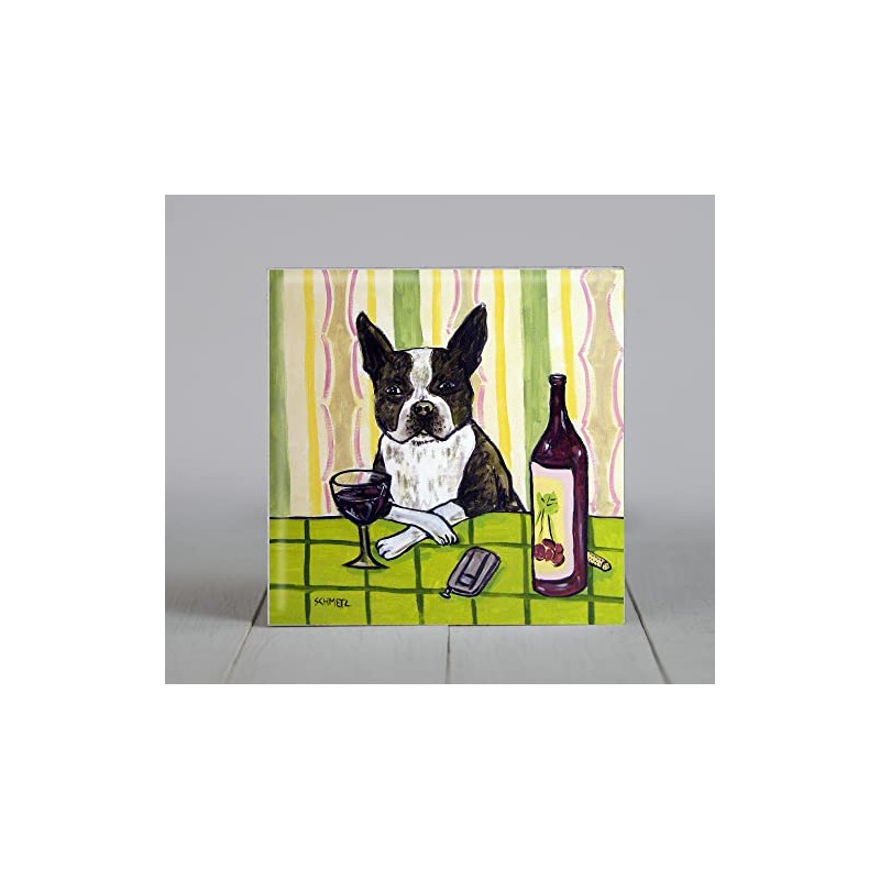 Boston Terrier at the Wine Bar dog art tile coaster