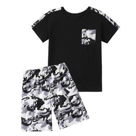 mksodopy Boys clothes camouflage stitching short-sleeved T-shirt camouflage shorts teen boys summer outfits