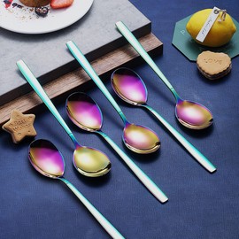 Rainbow Dinner Spoons 6 Pieces, Kyraton 19cm Stainless Steel Titanium Plating Rainbow Table Spoons, Dessert Spoons, Cutlery Spoons Set, Dishwasher Safe.