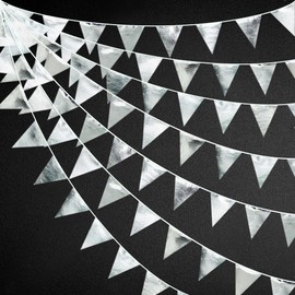 PinkBlume Silver Triangle Flag, Cloth Garland Banner Party, Decorative, Glossy, Silver Pennant Flag, Boys and Girls, Birthday Decoration, Wedding, Party, Decoration, Camping, Decoration, Children's Room Decoration, Graduation, Retirement, Festival, Suppl