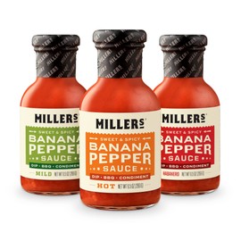 Miller's Banana Pepper Sauce Variety Pack - Includes Hot, Mild, Habanero Hot Sauce Set - Best Use for Chicken Wing, Burger, Sandwich, Mexican Dish Non-GMO Project Verified, 9.5 Ounce (Pack of 3)