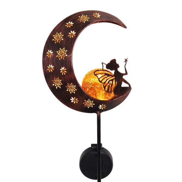 TERESA'S COLLECTIONS Yard Art Decorations Outdoor Moon Backyard Decor, 39 Inch Angel Garden Gifts Decor for Outside Lawn Ornaments Fairy Solar Stake Lights Crackle Glass Globe Patio Landscape Pathway