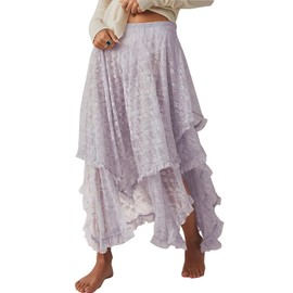R.Vivimos Women's Summer Boho Lace Beach Cover Up Maxi Skirt Transparent Swing Ruffle Irregular Hem Long Skirts, purple