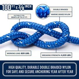 RainierSupplyCo Boat Anchor Rope - Double Braided Marine Rope Anchor Line - 100 ft x 3/8 Inch Nylon Boating Line with 316 Stainless Steel Thimble and Heavy Duty Marine Grade Bow Shackle - Royal Blue