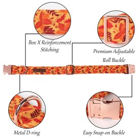 Lionet Paws Autumn Dog Collar with Bow Tie, Red Leaves Durable Comfortable Cotton Collar with Metal Click Closure for Dogs and Cats, Neck 18-28 cm