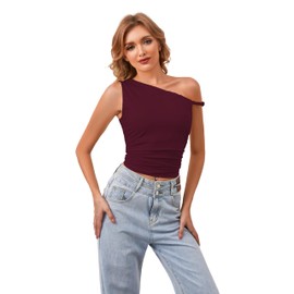 Ythomm Women One Shoulder Ruched Crop Tank Tops Casual Off The Shoulder Twist Strap Summer Tanks Tops Going Out Crop Shirts Wine