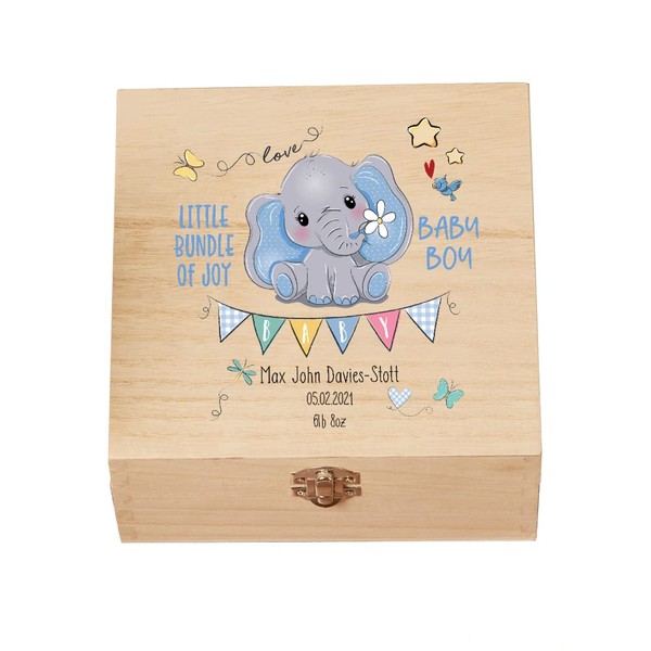 ukgiftstoreonline Personalised Wooden Baby Boy Keepsake Memory Box With Cute Elephant