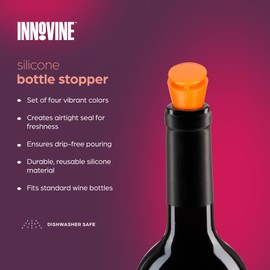 Innovine Silicone Bottle Stoppers, Reusable Wine and Beverage Seals, Leak Proof, Airtight Closure for Freshness, Fits Most Standard Bottles, Durable & Easy to Use, Set of 4, Vibrant Colors