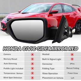 MOFOAP - Espejo de visión lateral del conductor compatible con Honda Civic Coupe Sedan Hatchback 2016, 2017, 2018, 2019, 2020, 2021, espe...