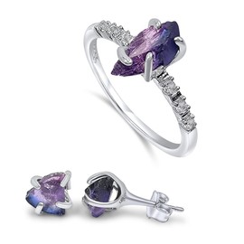 Raw Alexandrite stud Earrings and Dainty Ring Jewelry Set June Birthstone White Gold and Solid 925 Sterling Silver gift for by Uniquelan Jewelry (alexandrite, 8)