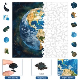 MYS A·U·R Space Earth Wooden Puzzles for Adults, Circle Blue Planet Jigsaw Puzzles 200 Pcs, 11.2x11.2in, Unique Shaped Cool Adult Puzzles, Wood Puzzles Creative Gifts for Adults and Kids Family Game