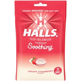 HALLS Throat Soothing (HALLS Breezers) Creamy Strawberry Throat Drops, 25 Count