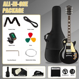 LP Electric Guitar Beginner Kit with 20W Amp & All Starter Accessories, Solid Body, Mahogany Wood - Black