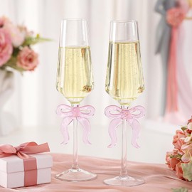 Funnymoom 2 Pack Bow Wine Glasses Pink Bow Clear Champagne Glasses 7.5 oz Delicate and Elegant Pink Coupe Decorative Coquettish Container for Weddings Birthdays High-end Crystals