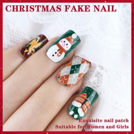 Christmas Nails，Christmas Fake Nails 24 Pieces Carton Set (Comes with Jelly Gel + Rub-on Strips) Removable Wearable Nails, Christmas Stocking Snowman Pattern, Suitable for Women and Girls