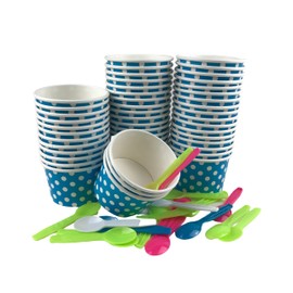 MMvolesy Paper Dot 8Oz Blue Disposable Ice Cream, Yogurt Cup,with spoon