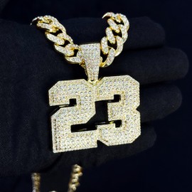 Men’s Large Iced-Out Basketball Pendant Necklace – 24-Inch Cuban Chain, Hip Hop Streetwear Jewelry, Gift for Him - Number 23 Pendant - Gold