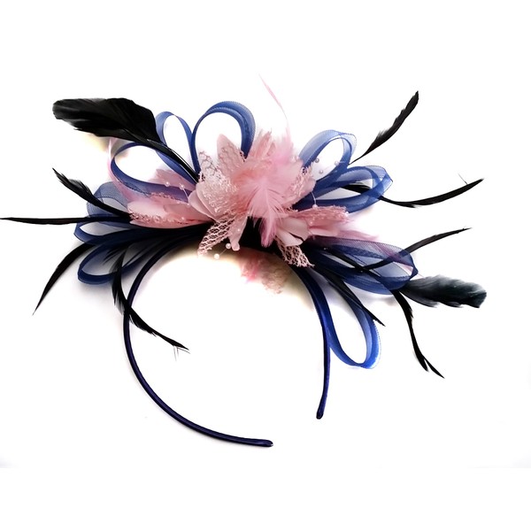 Navy Blue and Baby Pink Feather Hair Fascinator Headband Wedding Ascot Races Ladies