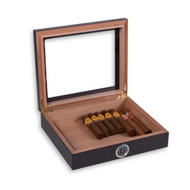 Bey-Berk Cigar Humidor 10" x 8.9" x 2.1" Cedar Lined Desktop Humidor Cigar Box Includes Humidor Hygrometer, Cigar Holder for Storage and Display, Holds 20 Cigars