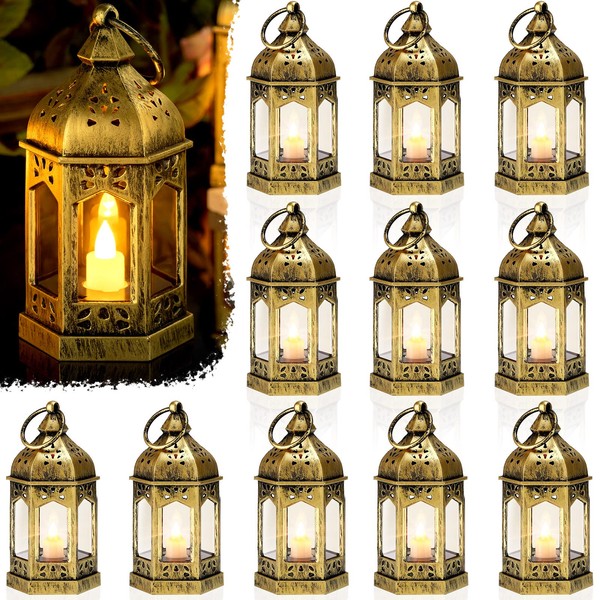 12 Pieces Mini Lanterns with Flickering LED Candle, Batteries Included, Decorative Hanging Candle Lantern for Indoor Use, Wedding, Party, Table Centerpiece (Gold)