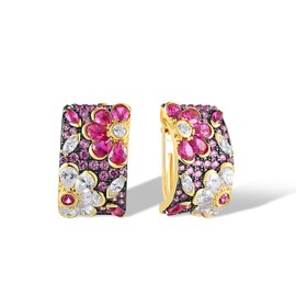 Santuzza Sterling Silver Red & White Orchid Earrings Created Ruby Cubic Zirconia Flower Dangle Earrings for Women