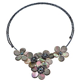 AeraVida Ocean Bouquet Black Lip Shell and Cultured Freshwater Pearl(Dyed) Floral Choker Wrap Necklace