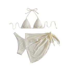 GORGLITTER Women's Bikini Sets Swimwear Set 3 Pieces Swimwear Halterneck Triangle Bikini Top Thongs Cuver Up Bikini with Lacing, Apricot colours