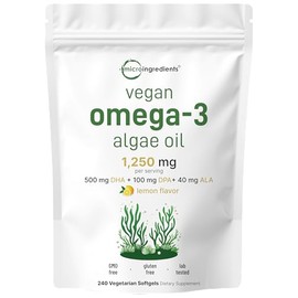 Micro Ingredients Aceite de algas vegano con omega 3, 240 cápsulas blandas vegetales  Alternativa al aceite de pescado  DHA 500 mg y DPA 100 mg  Sin  