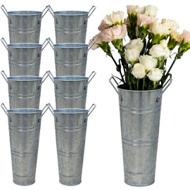 9 Inch Galvanized Metal Vases Farmhouse French Flower Bucket Vases for Cut Flowers, 8 Pcs Farmhouse Decorative Tall Flower Bucket with Handles for Table Weddings Home Decor (Silver, 8 Pcs 9inch)
