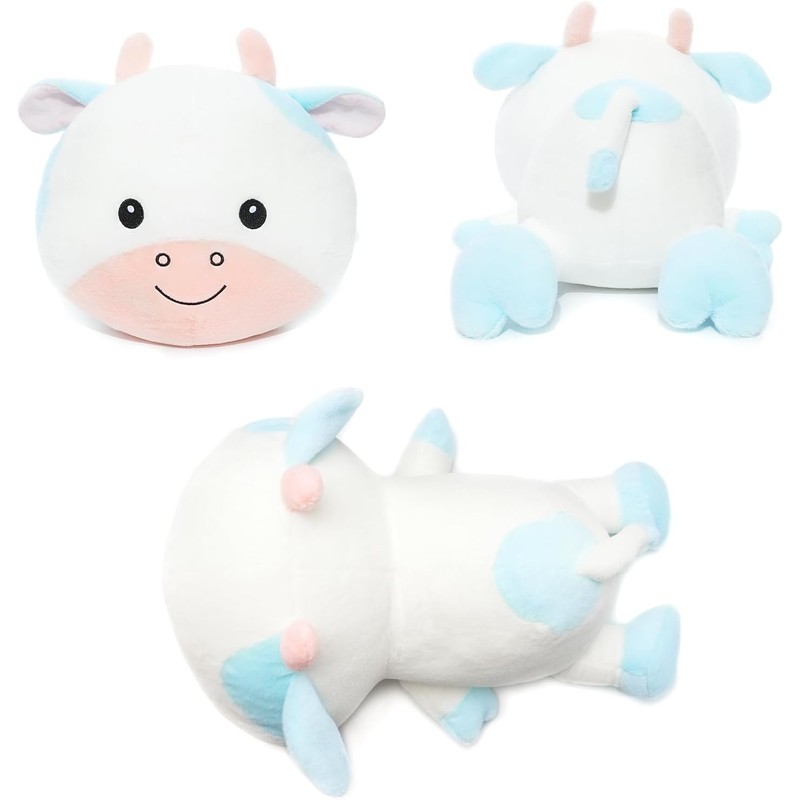 Kawaii Plush Cow Pillow – Soft Blue & White Stuffed