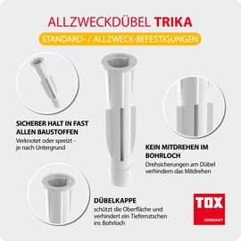 TOX TRIKA 5/31 All-Purpose Dowels, Reliable Attachment in Almost All Building Materials, Easy Assembly, Rotation-Proof and Dowel Cap Protects the Surface, Pack of 50 in Box, 01119080, Red