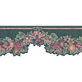 CONCORD WALLCOVERINGS ™ Wallpaper Border Floral Pattern Leaves Flowers Fruits, Die Cut Edge for Cottage Kitchen Dining Room, Green Burgundy Brown, 8.5 Inches by 15 Feet 117903