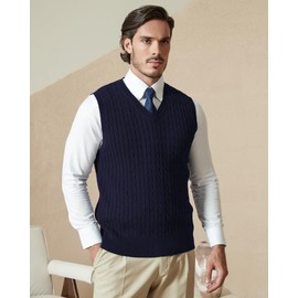 KALLSPIN Men’s Relaxed Fit Cotton Sweater Vest V Neck Solid Cable Knit Sleeveless Pullover(Navy Blue, X-Large)