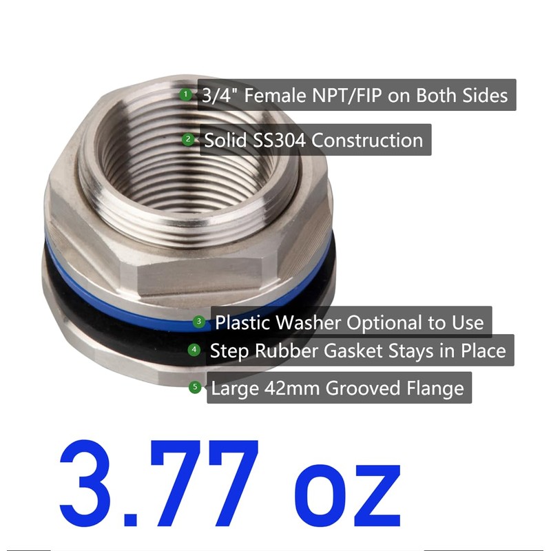 RAINPAL SSBF010 Female 3/4" NPT Stainless Steel Bulkhead Tank Fitting
