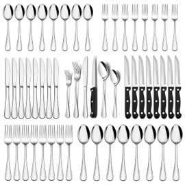 E-far 48-Piece Silverware Set with Steak Knives, Stainless Steel Flatware Cutlery Set Eating Utensils for 8, Spoons Forks Knives for Home Kitchen, Simple Design & Mirror Finish, Dishwasher Safe